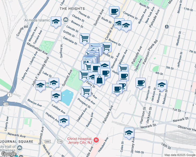 map of restaurants, bars, coffee shops, grocery stores, and more near 136 Franklin Street in Jersey City