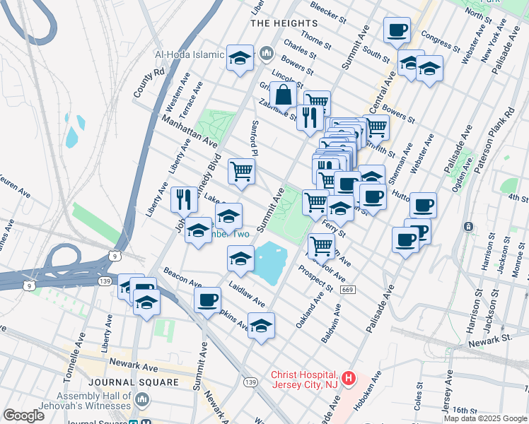 map of restaurants, bars, coffee shops, grocery stores, and more near 835 Summit Avenue in Jersey City