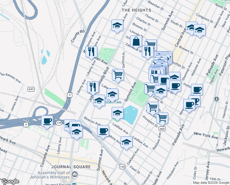 map of restaurants, bars, coffee shops, grocery stores, and more near 45 Carlton Avenue in Jersey City