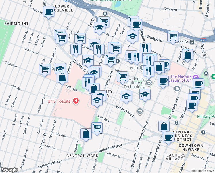 map of restaurants, bars, coffee shops, grocery stores, and more near 247 Warren Street in Newark