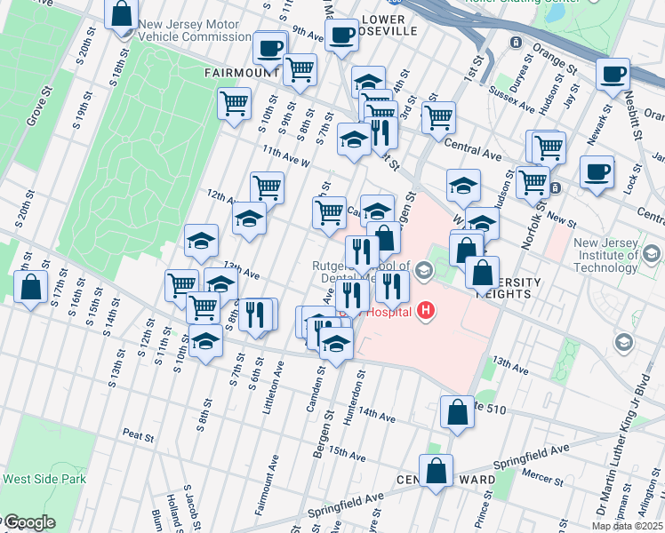 map of restaurants, bars, coffee shops, grocery stores, and more near in Newark