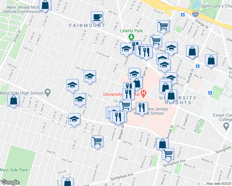 map of restaurants, bars, coffee shops, grocery stores, and more near 121 Littleton Avenue in Newark
