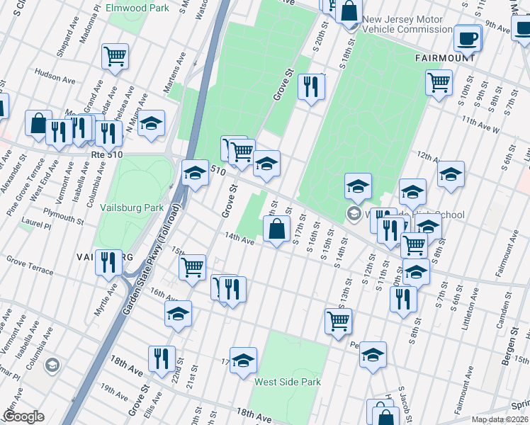 map of restaurants, bars, coffee shops, grocery stores, and more near 536-538 South Orange Avenue in Newark