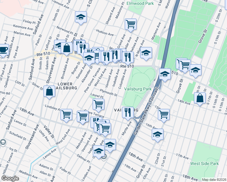 map of restaurants, bars, coffee shops, grocery stores, and more near 63 Columbia Avenue in Newark