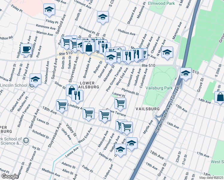 map of restaurants, bars, coffee shops, grocery stores, and more near 73 Pine Grove Terrace in Newark