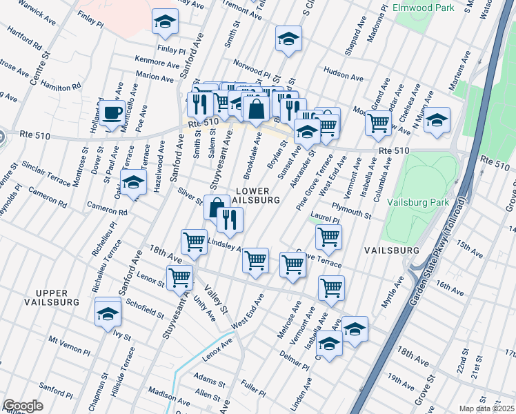 map of restaurants, bars, coffee shops, grocery stores, and more near 91 Boylan Street in Newark