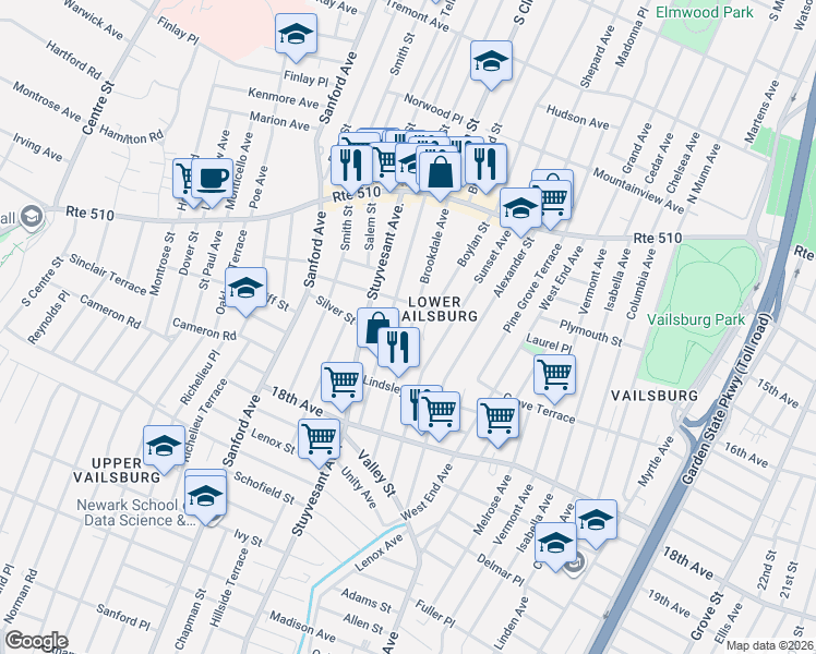 map of restaurants, bars, coffee shops, grocery stores, and more near 96 Norwood Street in Newark