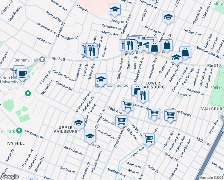 map of restaurants, bars, coffee shops, grocery stores, and more near 12 Cliff Street in Newark