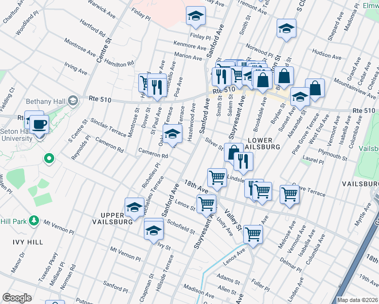 map of restaurants, bars, coffee shops, grocery stores, and more near 12 Cliff Street in Newark