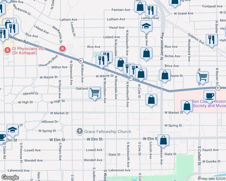 map of restaurants, bars, coffee shops, grocery stores, and more near 1430 Oakland Parkway in Lima