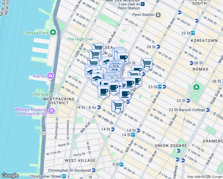 map of restaurants, bars, coffee shops, grocery stores, and more near in New York