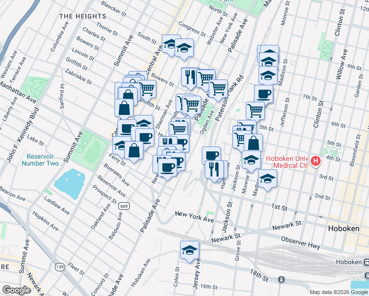 map of restaurants, bars, coffee shops, grocery stores, and more near 426 Palisade Avenue in Jersey City