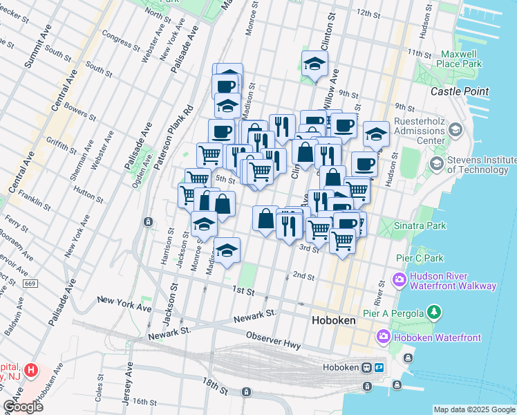 map of restaurants, bars, coffee shops, grocery stores, and more near 415 Adams Street in Hoboken