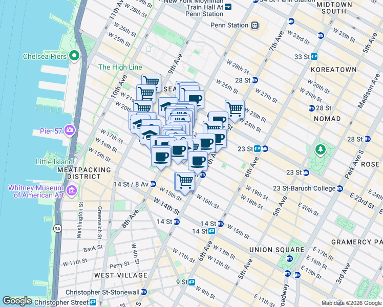 map of restaurants, bars, coffee shops, grocery stores, and more near in New York