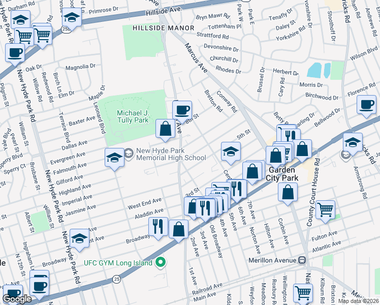 map of restaurants, bars, coffee shops, grocery stores, and more near 5 7th Street in New Hyde Park