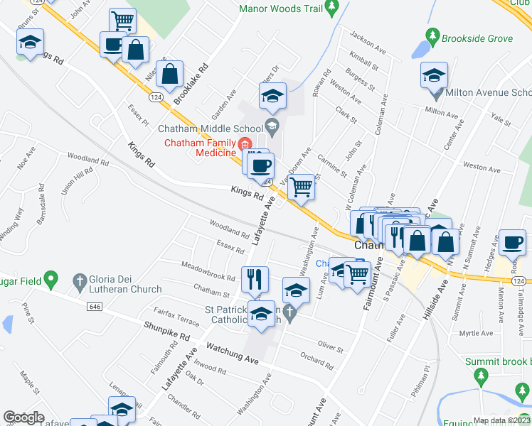 map of restaurants, bars, coffee shops, grocery stores, and more near 33 Lafayette Avenue in Chatham Township