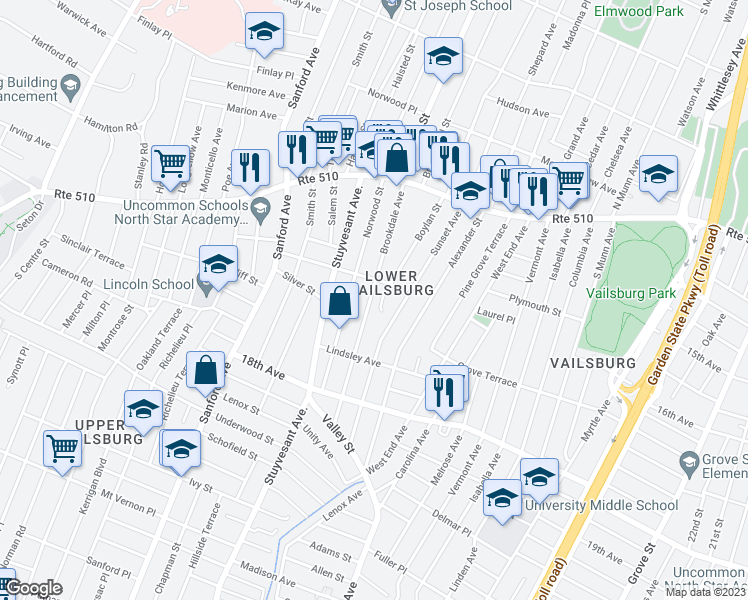 map of restaurants, bars, coffee shops, grocery stores, and more near 112 Brookdale Avenue in Newark