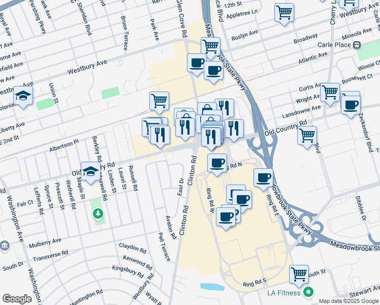 map of restaurants, bars, coffee shops, grocery stores, and more near 610 Old Country Road in Carle Place