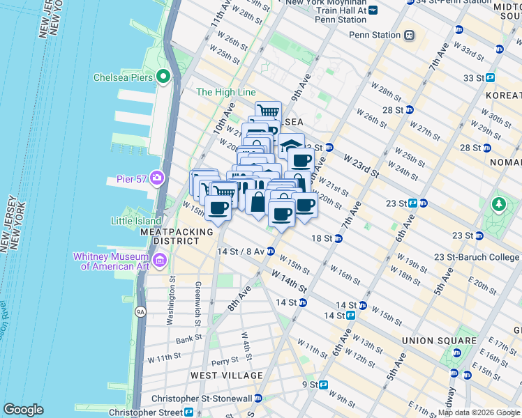 map of restaurants, bars, coffee shops, grocery stores, and more near 333 West 17th Street in New York