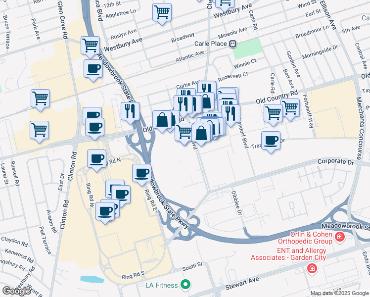 map of restaurants, bars, coffee shops, grocery stores, and more near 867 East Gate Boulevard in Garden City