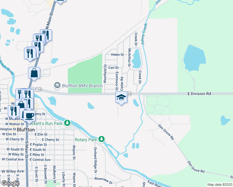 map of restaurants, bars, coffee shops, grocery stores, and more near 404 Eastmoor Drive in Bluffton