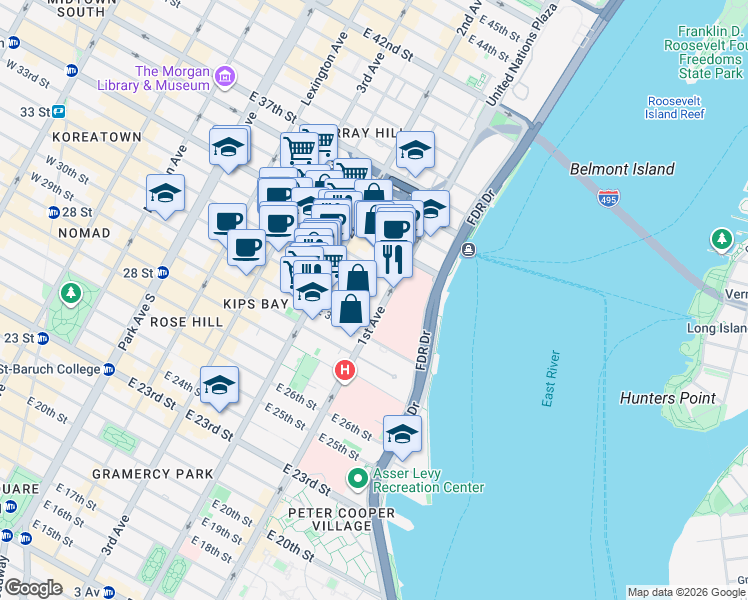 map of restaurants, bars, coffee shops, grocery stores, and more near 545 1st Avenue in New York