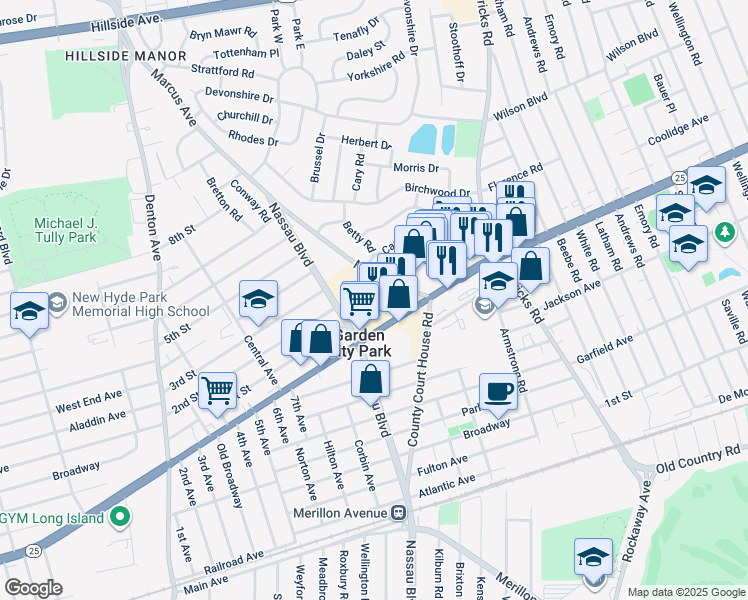 map of restaurants, bars, coffee shops, grocery stores, and more near 49 Marcus Avenue in New Hyde Park