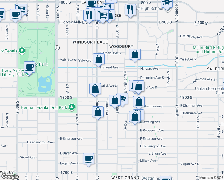 map of restaurants, bars, coffee shops, grocery stores, and more near 1217 Lyman Court in Salt Lake City