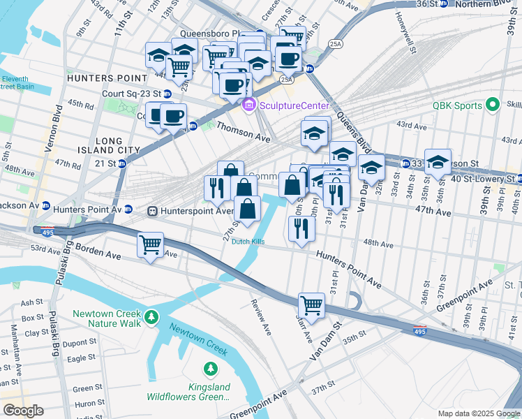 map of restaurants, bars, coffee shops, grocery stores, and more near 49-19 27th Street in Queens