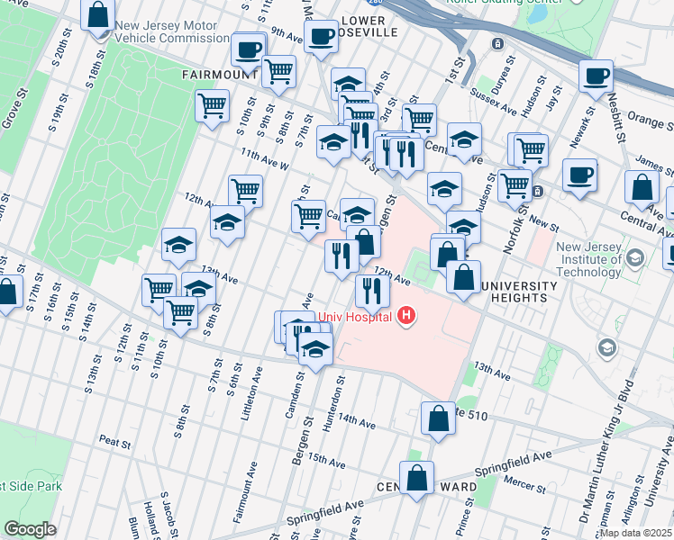 map of restaurants, bars, coffee shops, grocery stores, and more near 124 Fairmount Avenue in Newark