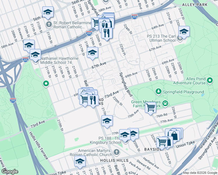 map of restaurants, bars, coffee shops, grocery stores, and more near 6877 218th Street in Queens