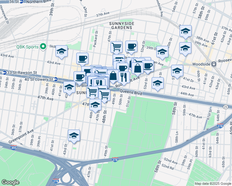 map of restaurants, bars, coffee shops, grocery stores, and more near in Queens