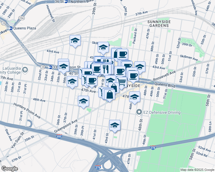 map of restaurants, bars, coffee shops, grocery stores, and more near 41-02 Queens Boulevard in Queens