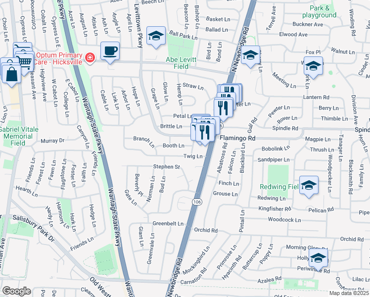 map of restaurants, bars, coffee shops, grocery stores, and more near 41 Booth Lane in Levittown