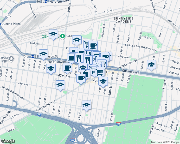 map of restaurants, bars, coffee shops, grocery stores, and more near 45-34 43rd Street in Queens
