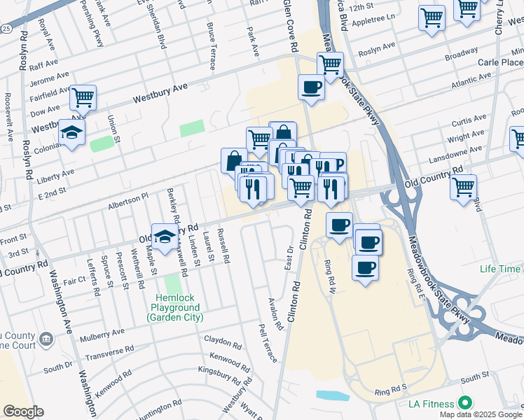 map of restaurants, bars, coffee shops, grocery stores, and more near 55 Old Country Road in Carle Place