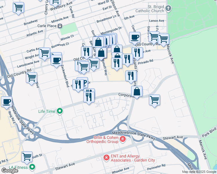 map of restaurants, bars, coffee shops, grocery stores, and more near 1025 Corporate Drive in Westbury