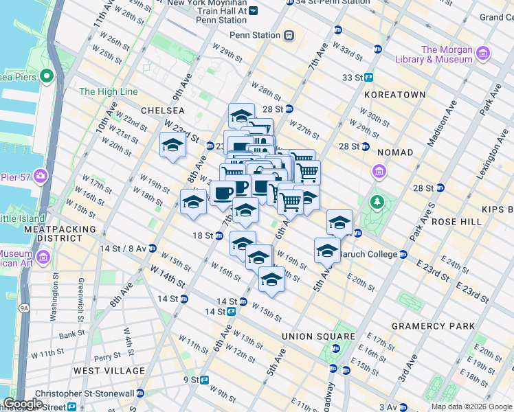 map of restaurants, bars, coffee shops, grocery stores, and more near 147 West 22nd Street in New York
