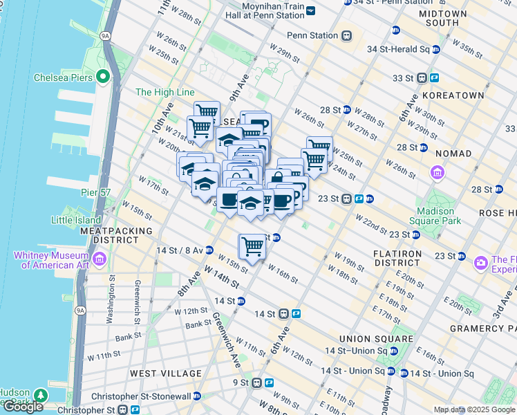 map of restaurants, bars, coffee shops, grocery stores, and more near 252 West 20th Street in New York