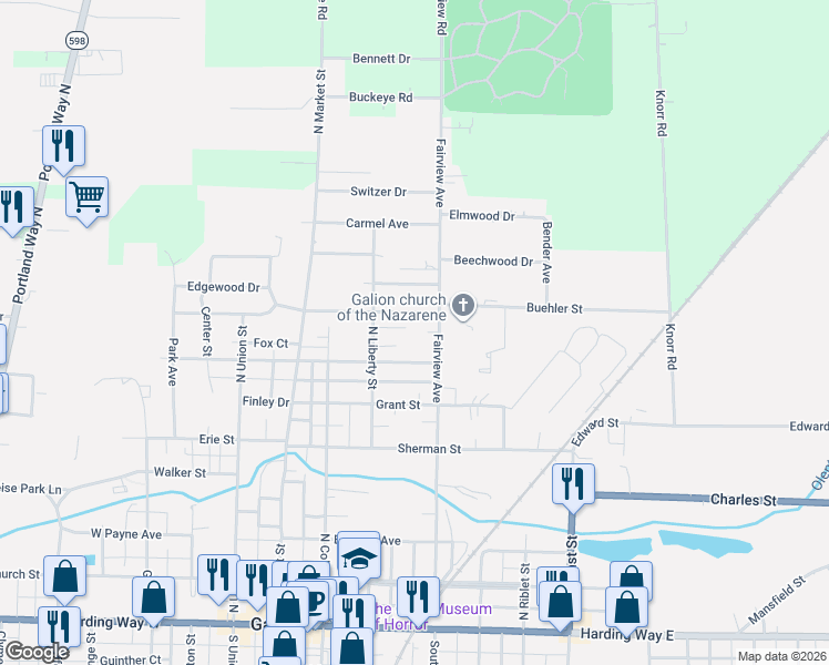 map of restaurants, bars, coffee shops, grocery stores, and more near 726 Fairview Avenue in Galion