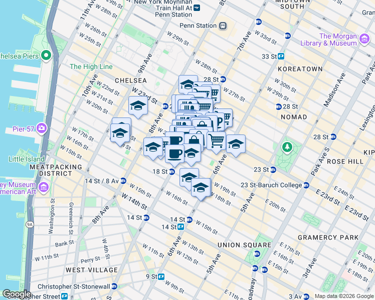 map of restaurants, bars, coffee shops, grocery stores, and more near 190 7th Avenue in New York