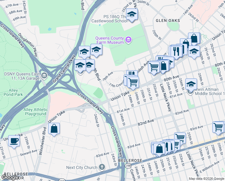 map of restaurants, bars, coffee shops, grocery stores, and more near 77-2B 247th Street in Queens