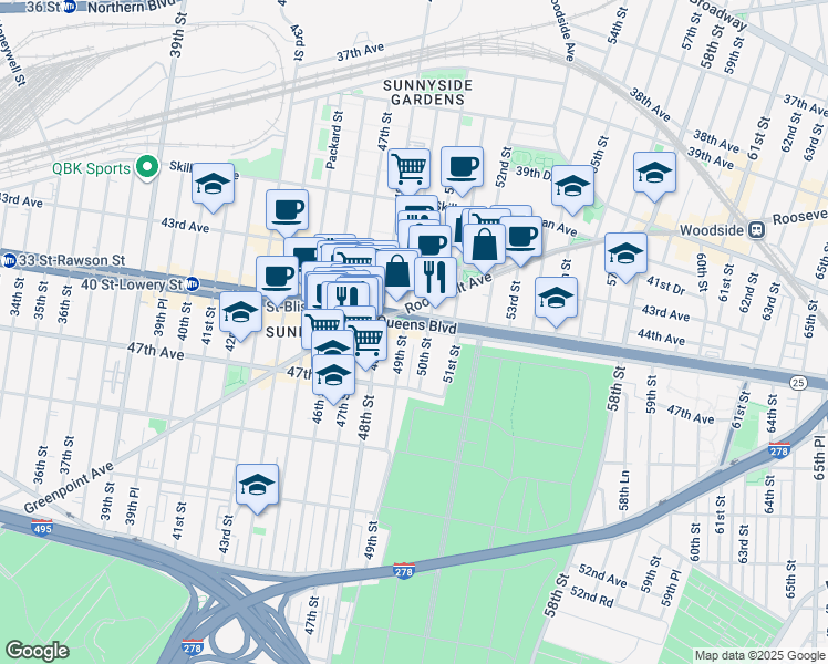 map of restaurants, bars, coffee shops, grocery stores, and more near in Queens