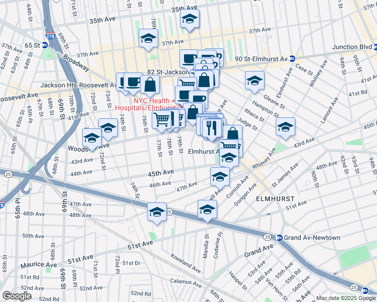 map of restaurants, bars, coffee shops, grocery stores, and more near 42-42 80th Street in Queens