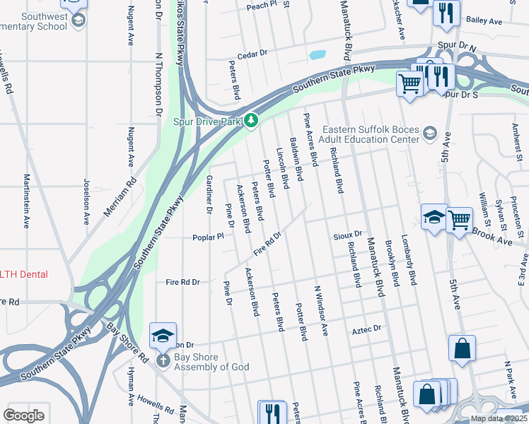 map of restaurants, bars, coffee shops, grocery stores, and more near 1437 Peters Boulevard in Bay Shore