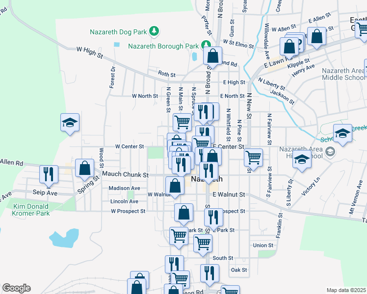 map of restaurants, bars, coffee shops, grocery stores, and more near 10 Center Square in Nazareth