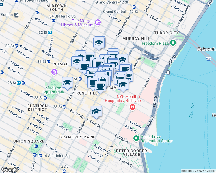 map of restaurants, bars, coffee shops, grocery stores, and more near 203 East 29th Street in New York