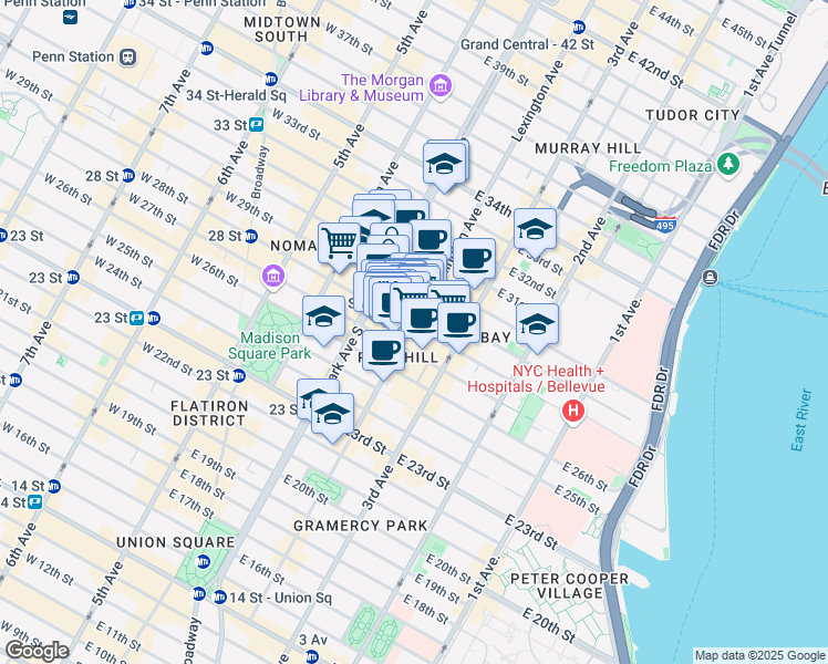 map of restaurants, bars, coffee shops, grocery stores, and more near in New York