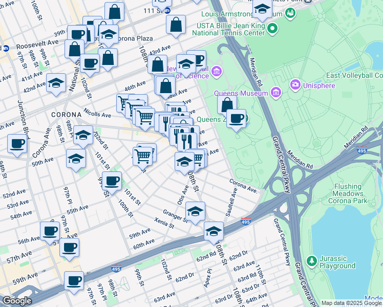 map of restaurants, bars, coffee shops, grocery stores, and more near 10809 53rd Avenue in Queens