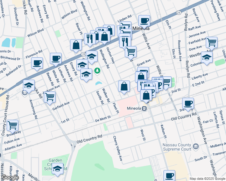 map of restaurants, bars, coffee shops, grocery stores, and more near 160 Marcellus Road in Mineola